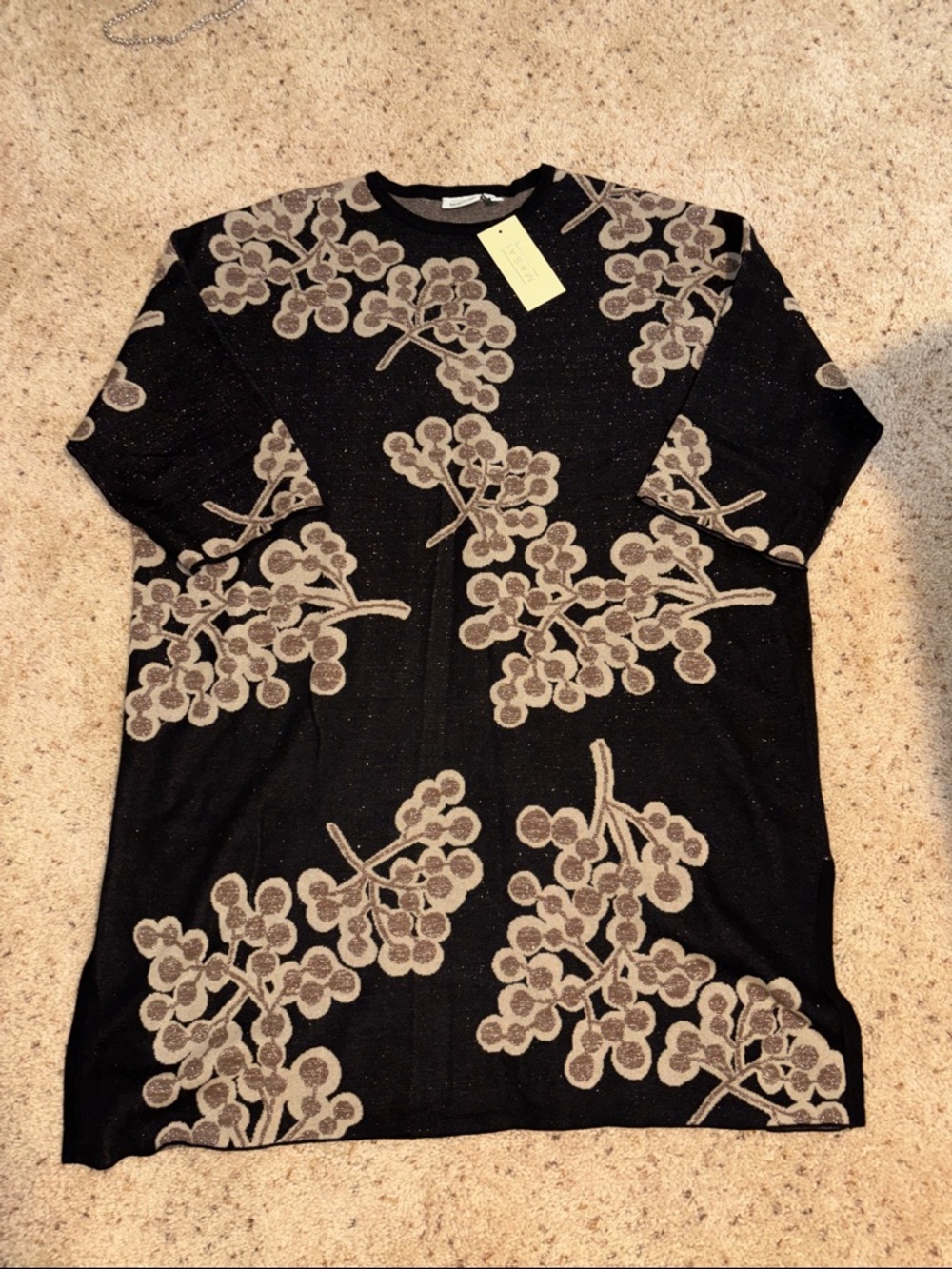 Masai Black Glitter Knit Dress with Taupe Floral Cluster Pattern Size XXL